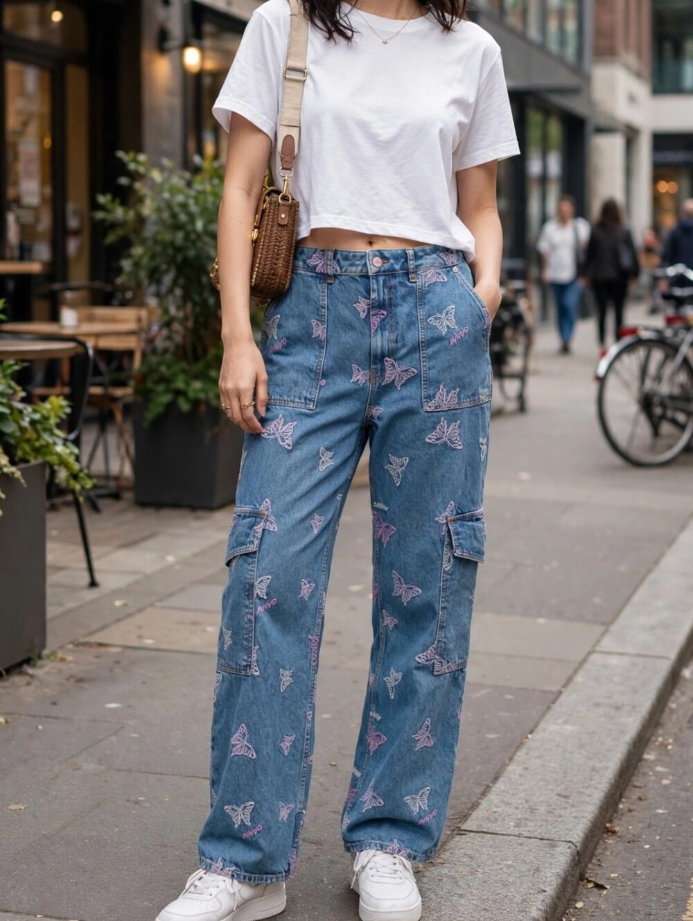 Ganni Butterfly Embroidered Blue Cargo Jeans